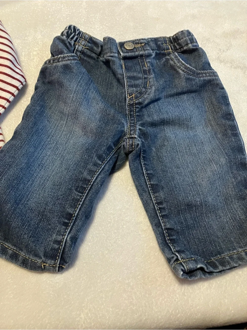 Burgundy and White Striped Bodysuit with Denim Pants